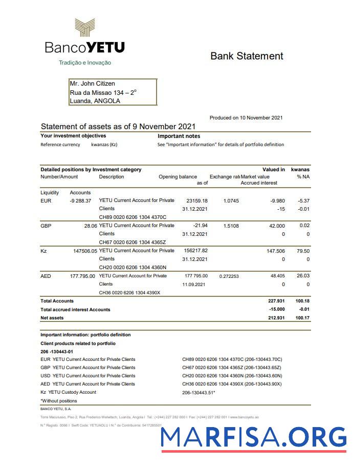 Blank Angola Banco Yetu bank statement excel sample